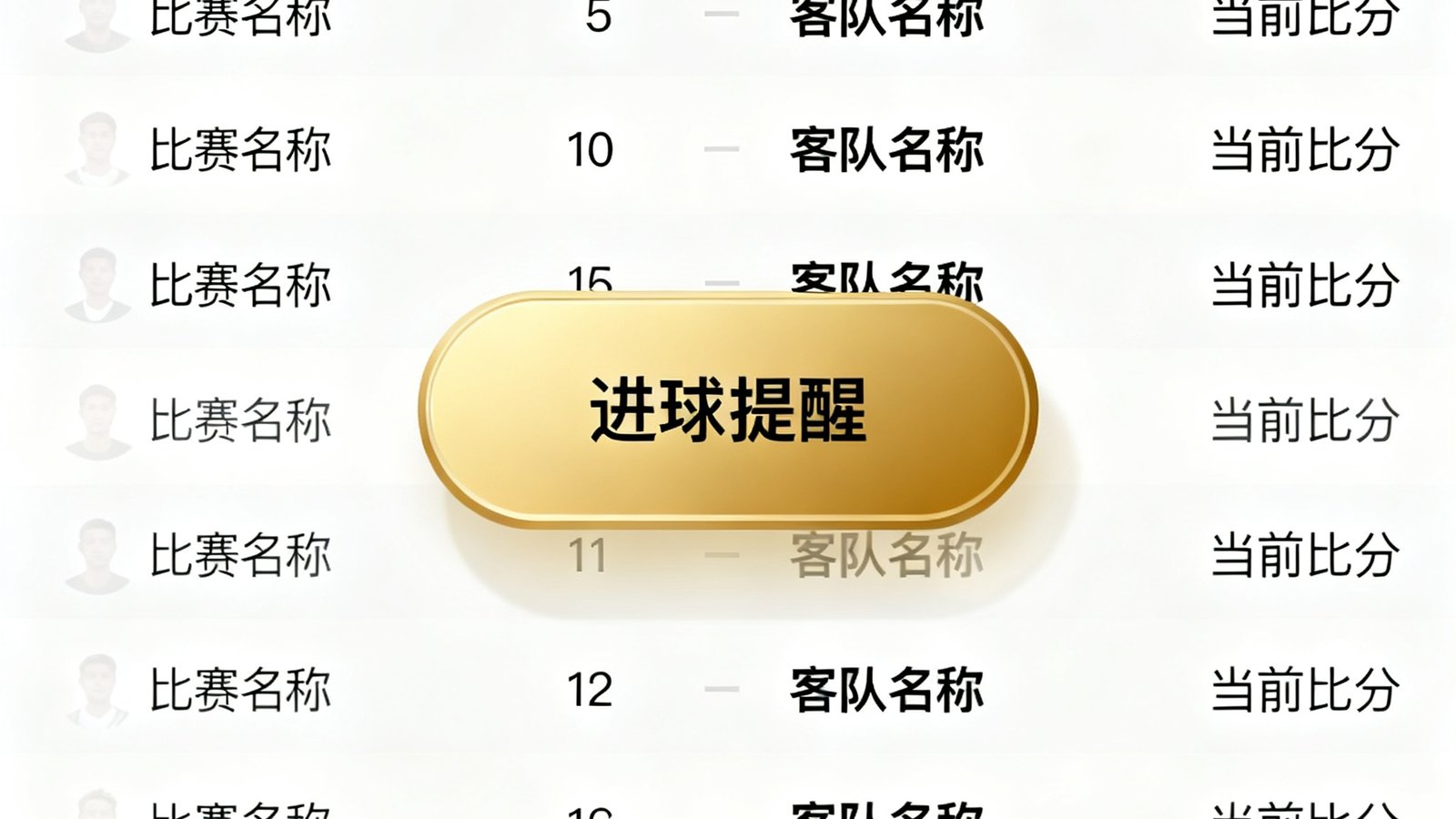 实时比分面板展示多场同时进行的比赛，进球后出现金色弹窗提醒用户